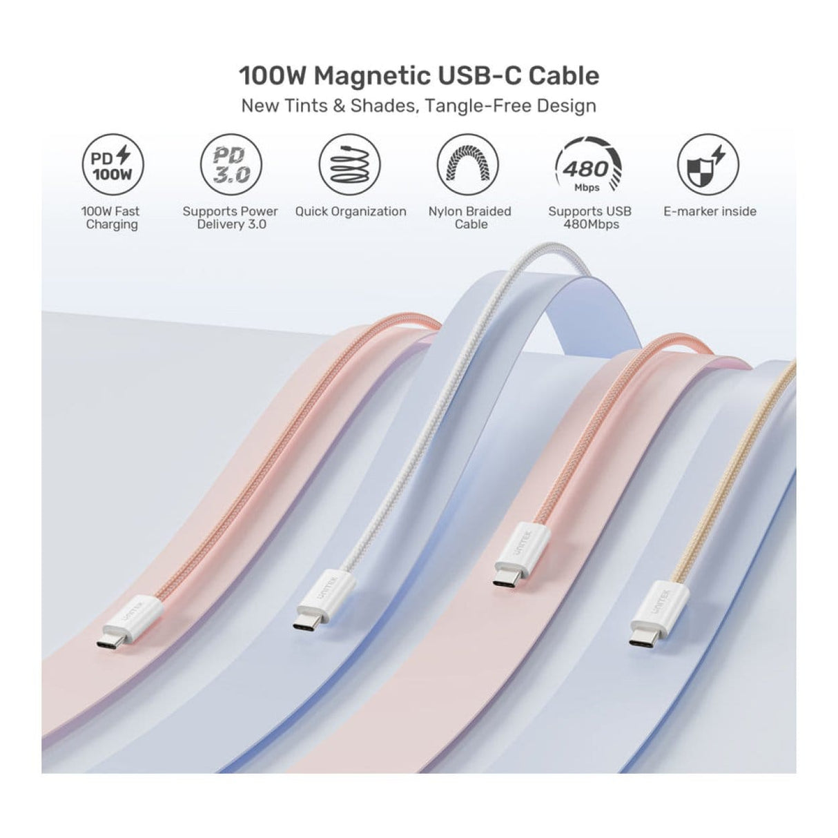 Unitek 100W Type-C Male to Male Magnetic Cable 1m Pink C14141APK01-1M