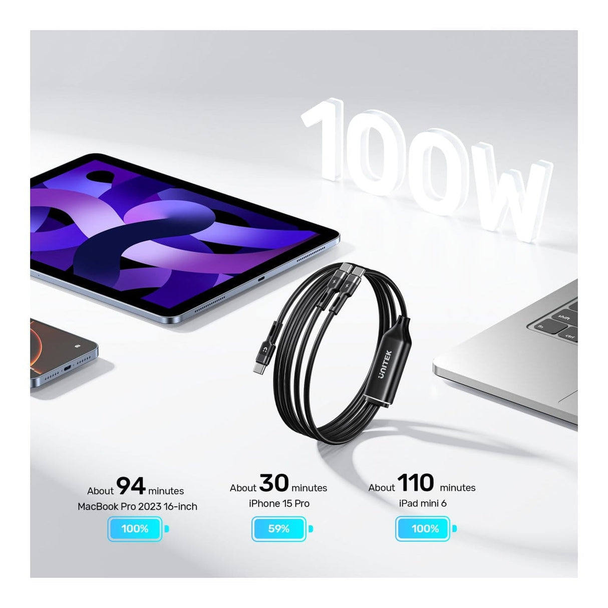 Unitek 2-in-1 100W Type-C Cable 1.8m C14146ABK-1.8M