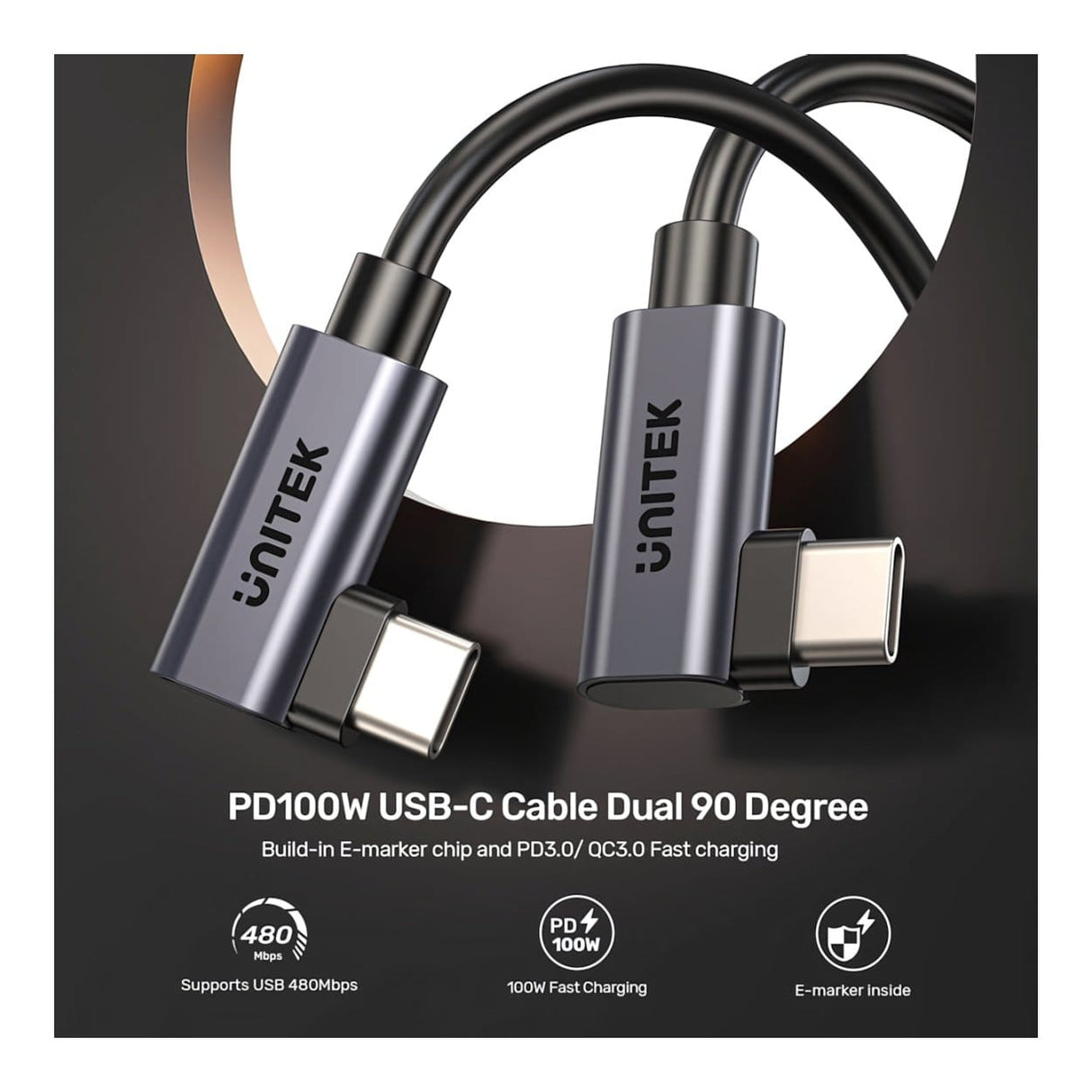 Unitek 50cm PD 100W USB-C Right Angle Cable C14147ABK01-0.5M