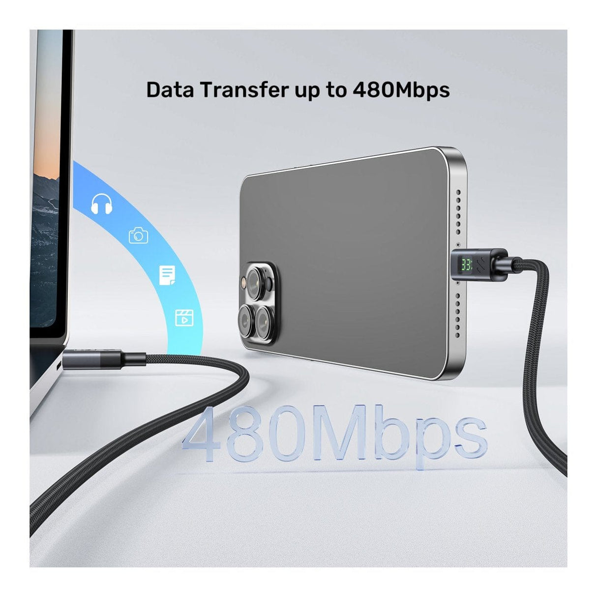 Unitek 60W Type-C Male to Male Charging Cable 2m with LED Display C14158ABK-2M