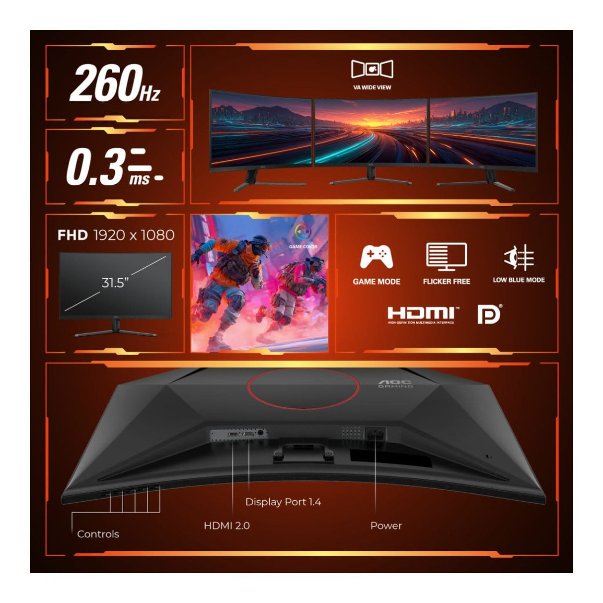 AOC G4 C32G42ZE 31.5-inch 1920 x 1080p FHD 16:9 260Hz 0.3ms LED VA Curved Gaming Monitor