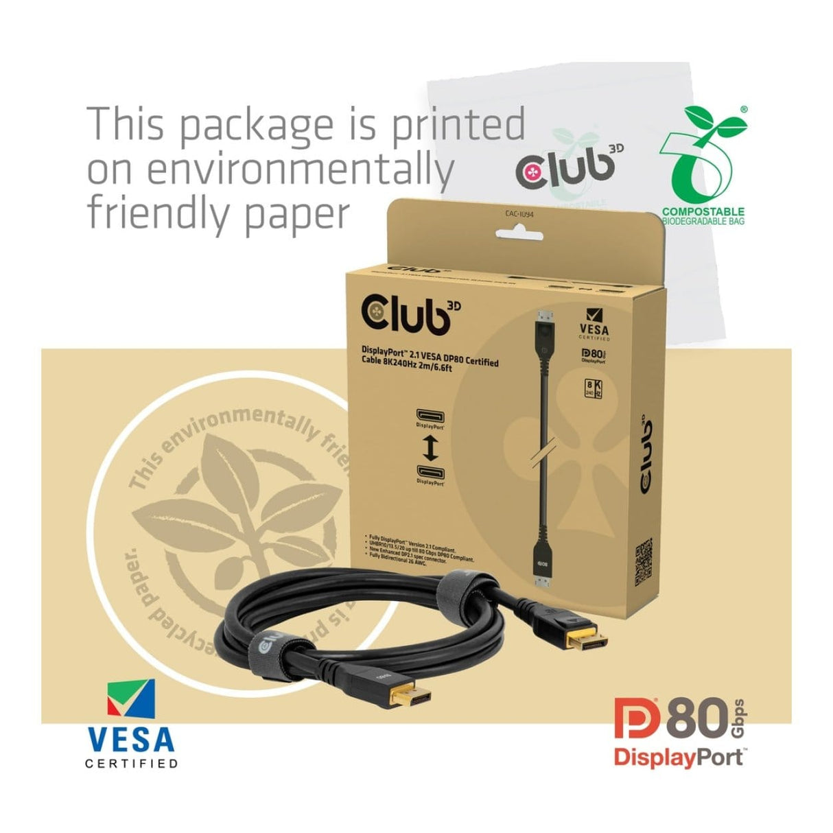 Club 3D 2m 8K 240HZ DisplayPort 2.1 VESA DP80 CABLE Black CAC-1094