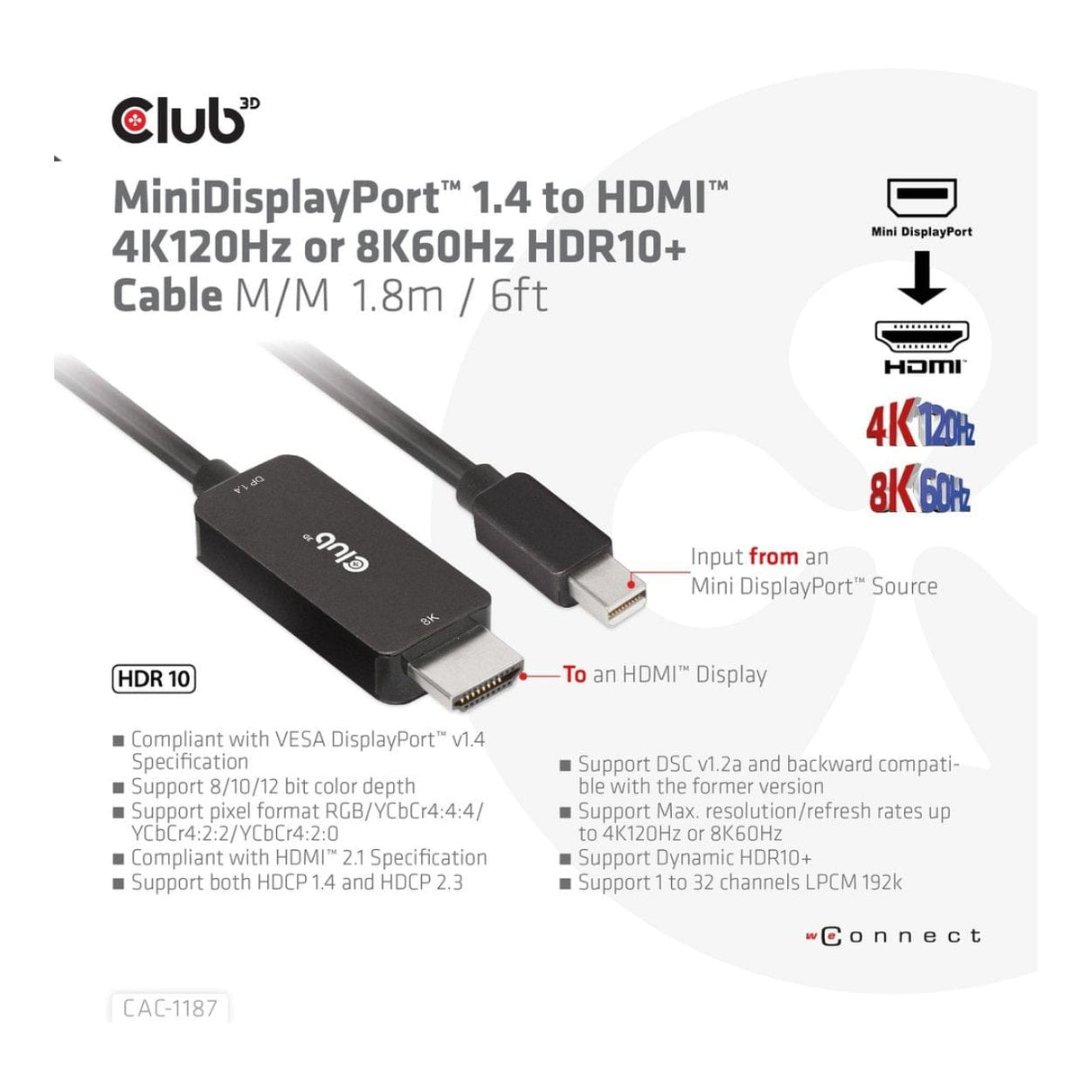 Club 3D 1.8m Mini Display Port 1.4 to HDMI 4K120Hz or 8K60Hz HDR10+ Cable Black CAC-1187