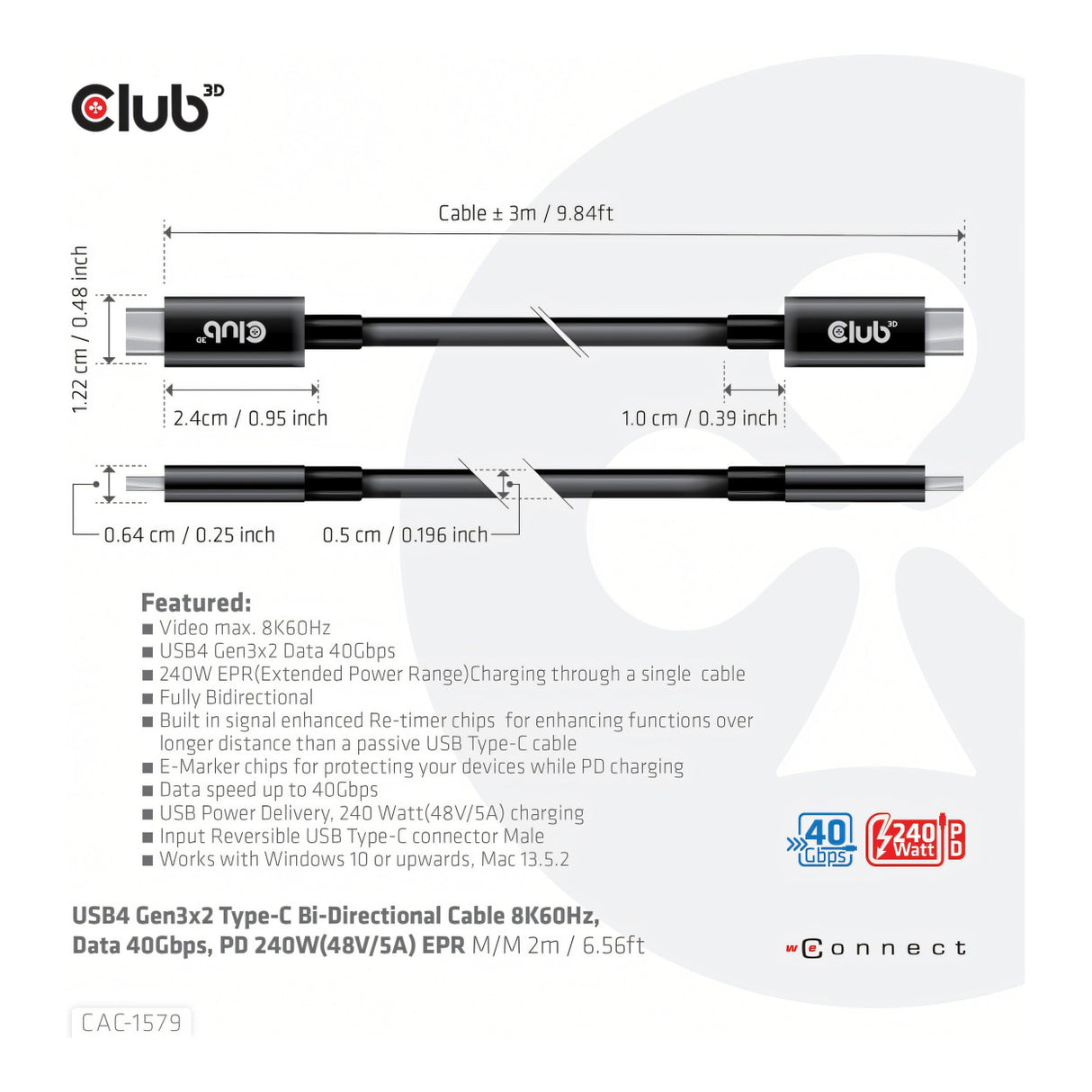 Club 3D 3m 8K 60Hz USB-C Cable CAC-1579
