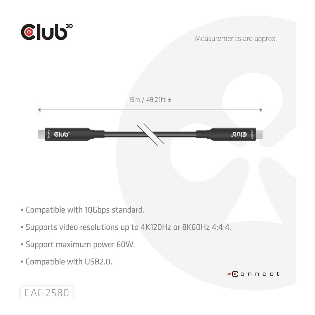 Club 3D 15m 8K 60HZ 10GBPS 60W USB-C AOC Cable Black CAC-2580