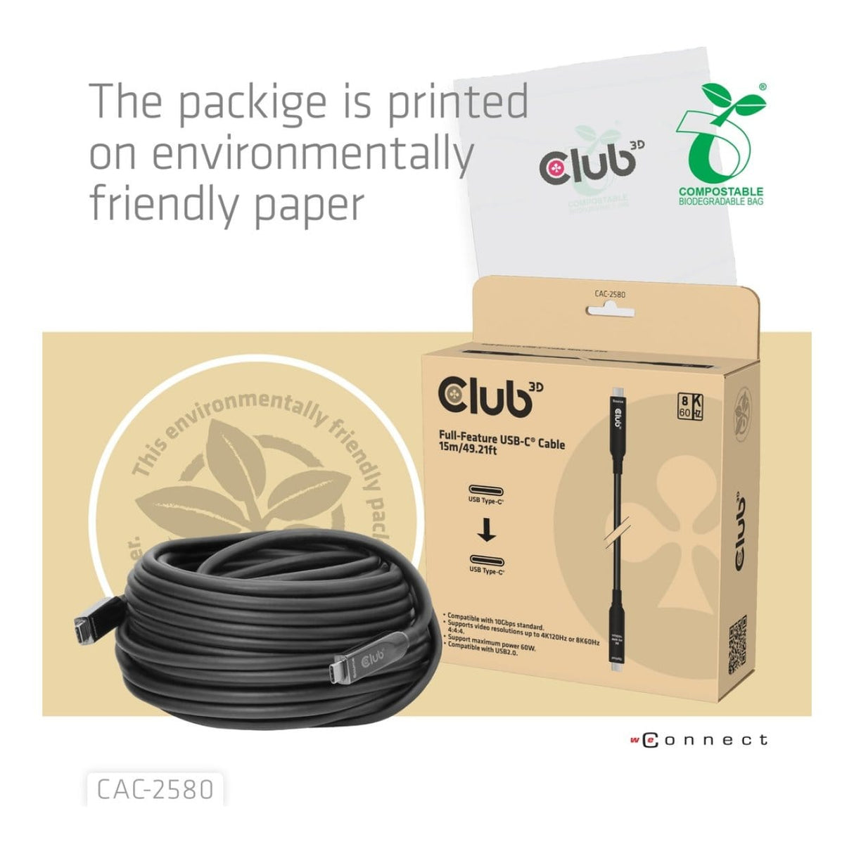 Club 3D 15m 8K 60HZ 10GBPS 60W USB-C AOC Cable Black CAC-2580