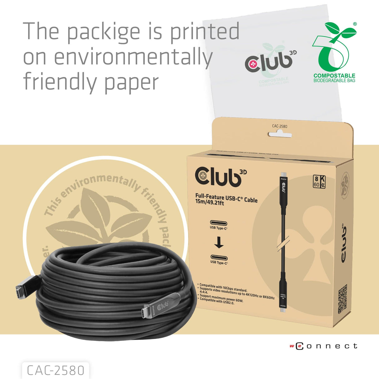 Club 3D 15m 8K 60HZ 10GBPS 60W USB-C AOC Cable Black CAC-2580