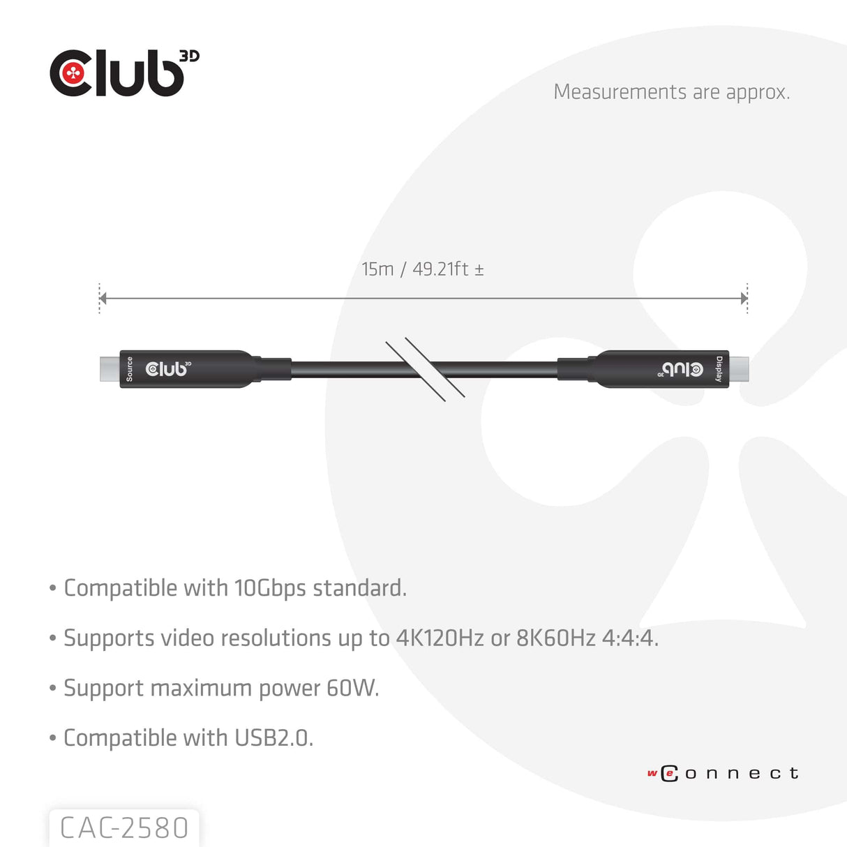 Club 3D 15m 8K 60HZ 10GBPS 60W USB-C AOC Cable Black CAC-2580