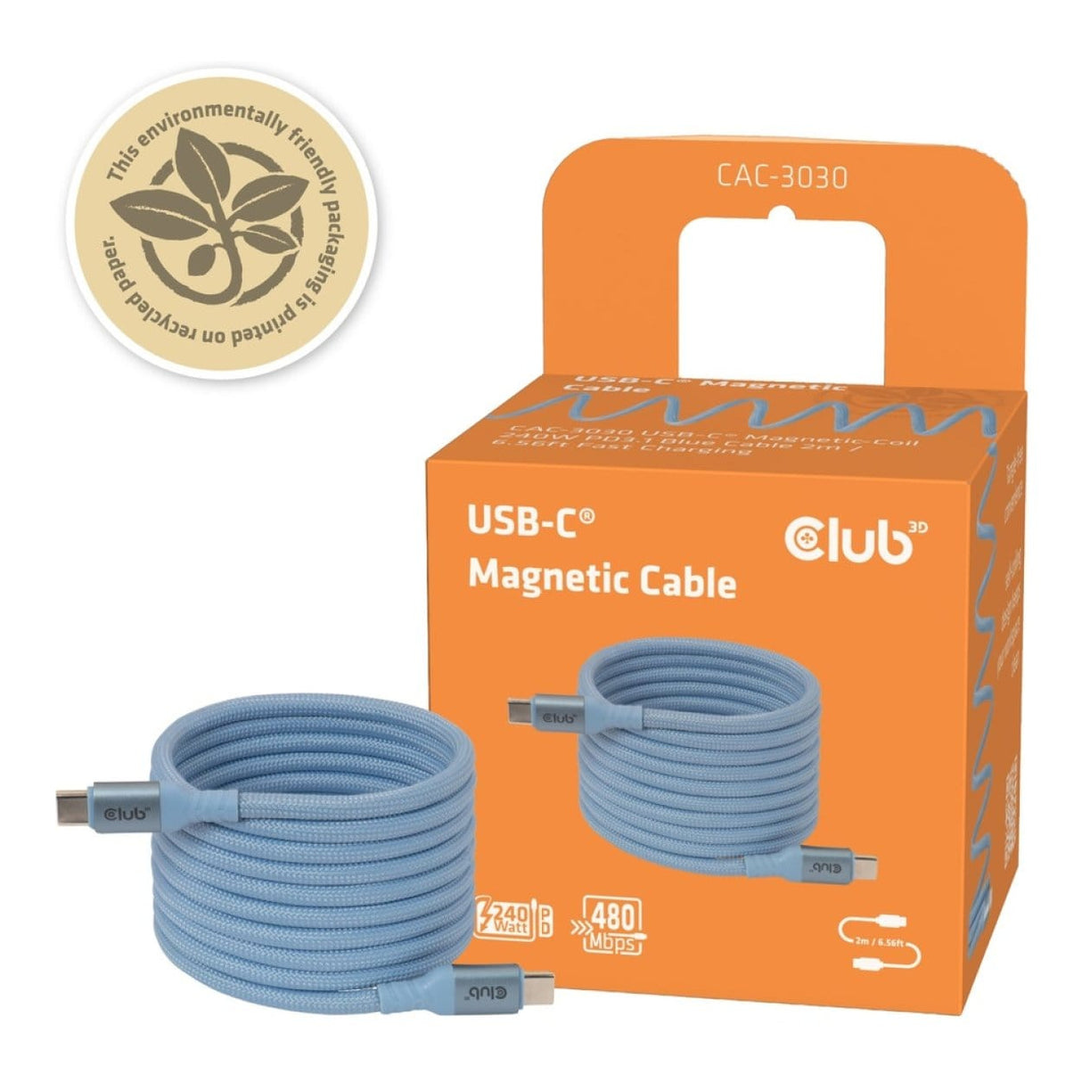 Club 3D 2m USB-C Magnetic Coil 240W PD3.1 Cable Blue CAC-3030