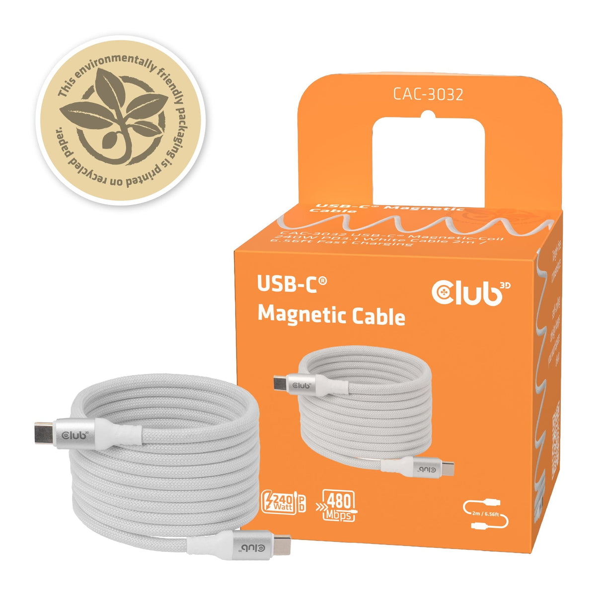 Club 3D 2m USB-C Magnetic Coil 240W PD3.1 Cable White CAC-3032