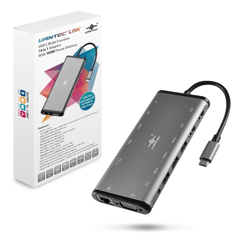 Vantec Link USB C Multi-Function 14-in-1 Adapter With 100W Power Delivery CB-CU305MDSH