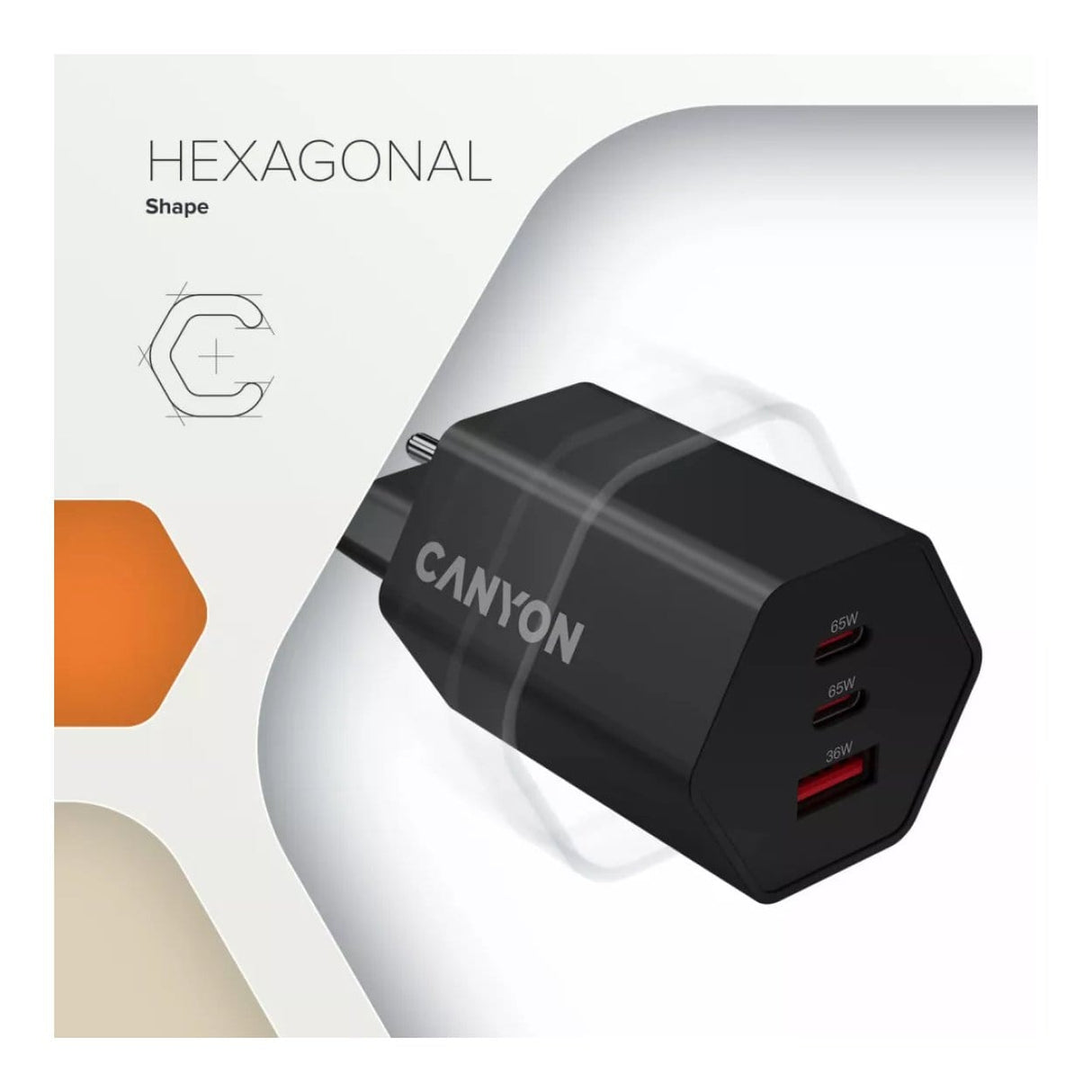 Canyon Hexagon 65 3-port Charging Adapter Black CND-CHAHEX65B