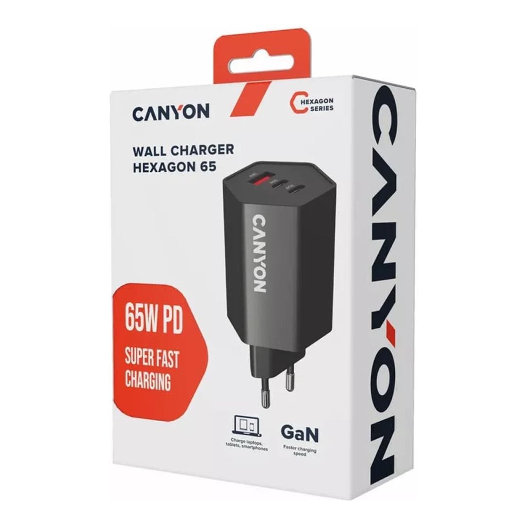 Canyon Hexagon 65 3-port Charging Adapter Black CND-CHAHEX65B
