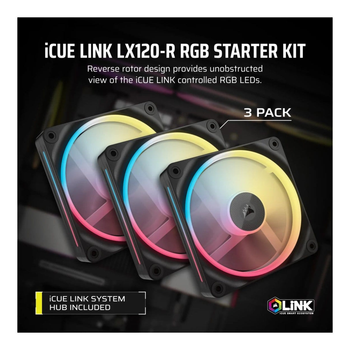 Corsair iCUE LINK LX120-R RGB 120mm PWM Reverse Fans Starter Kit 3-pack CO-9051050-WW