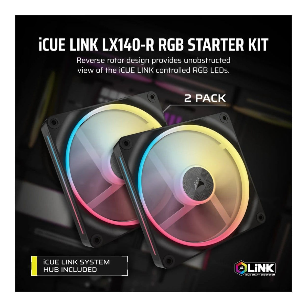 Corsair iCUE LINK LX140-R RGB 140mm PWM Reverse Fans Starter Kit 2-pack CO-9051052-WW