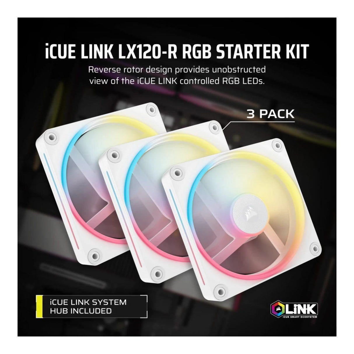 Corsair iCUE LINK LX120-R RGB 120mm PWM Reverse Fans Starter Kit - White 3-pack CO-9051054-WW