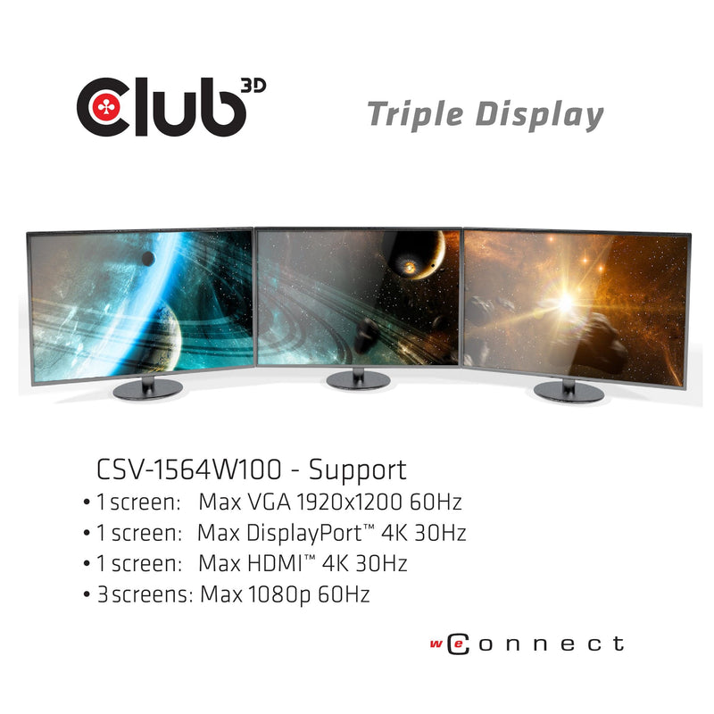Club 3D USB Gen1 Type-C Triple Display Dynamic PD Charging Dock CSV-1564W100