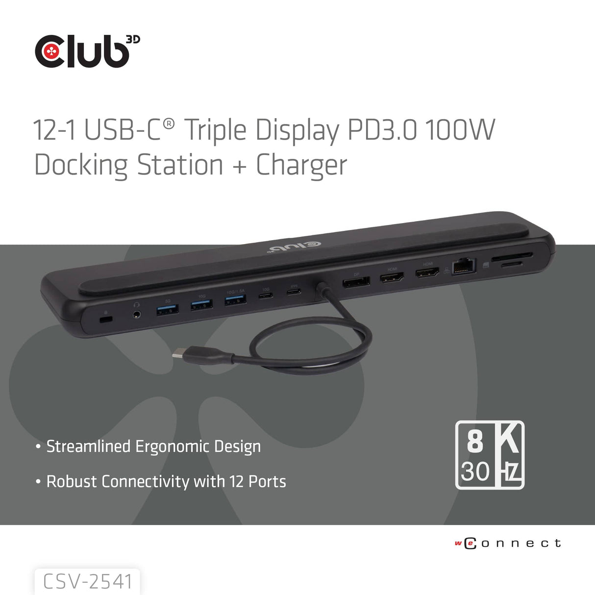 Club 3D 100W 12-1 USB-C Triple Display PD3.0 Docking Station and Charger CSV-2541