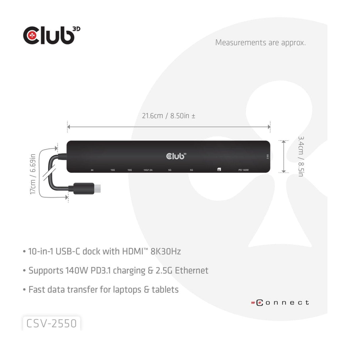 Club 3D 140Watt 10-in-1 USB-C 10Gbps to HDMI 8K30Hz PD3.1 Max Portable Dock CSV-2550