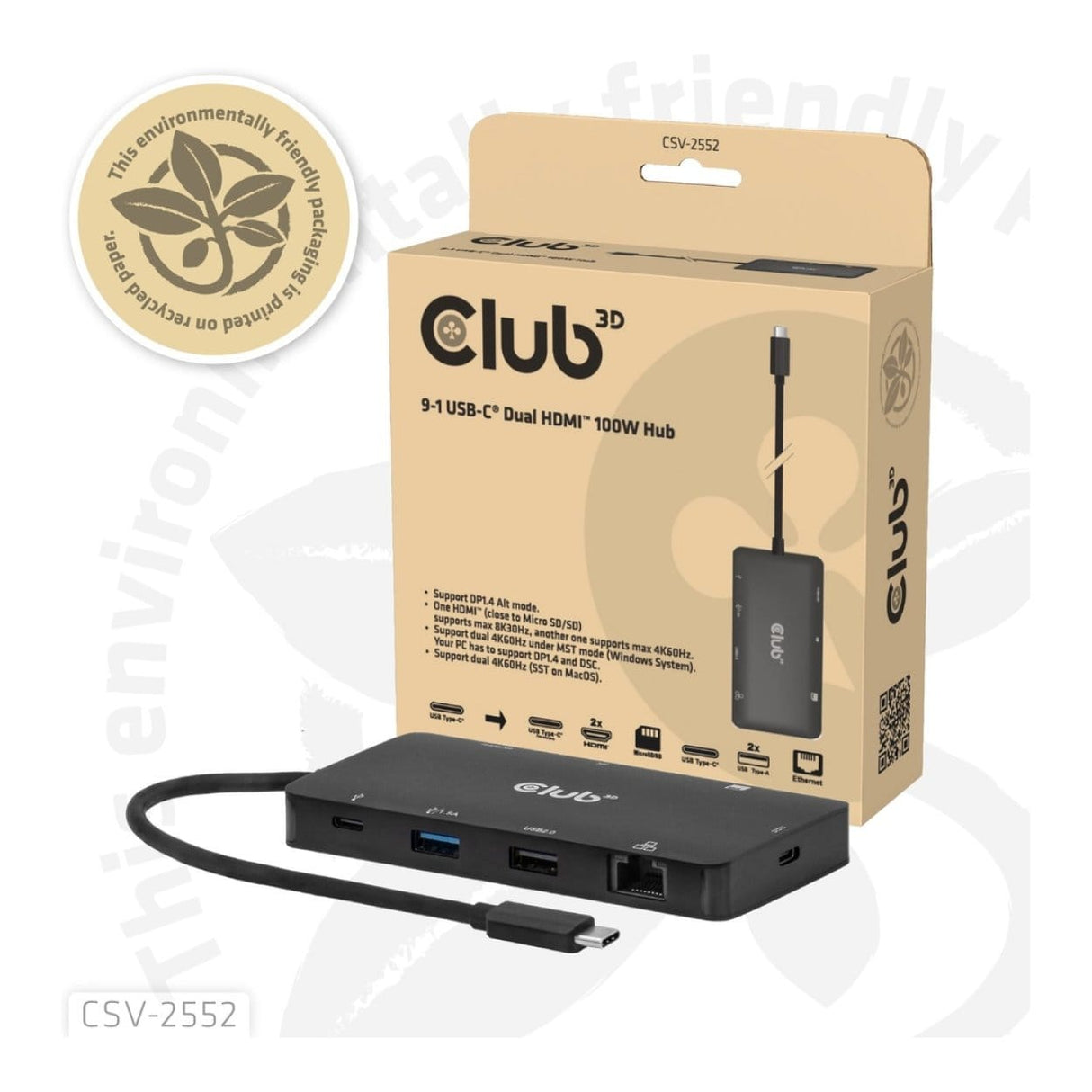 Club 3D 100W 9-in-1 Dual HDMI USB-C HUB PD3.0 Black CSV-2552