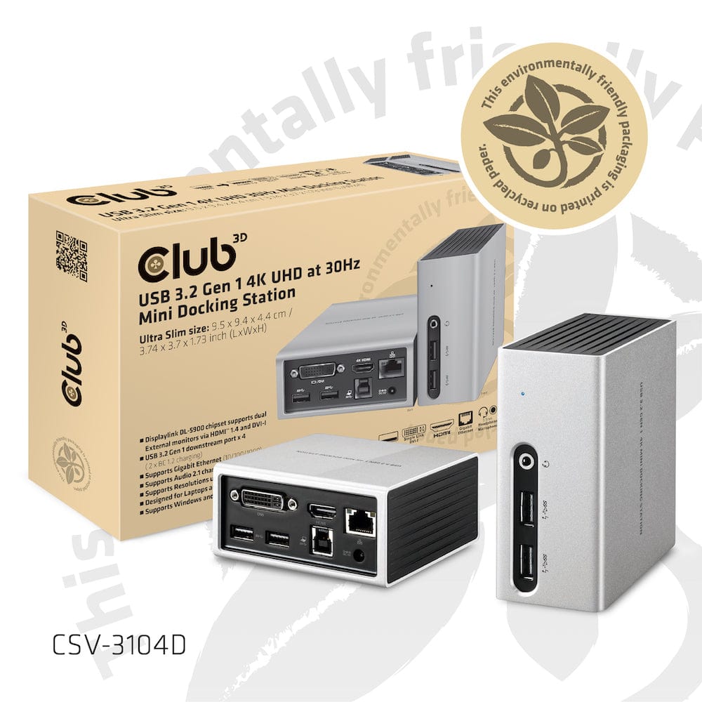 Club 3D USB 3.2 Gen 1 4K UHD at 30Hz Mini Docking Station Ultra Slim Design CSV-3104D