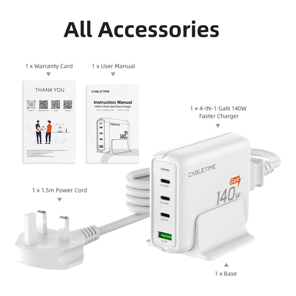 Cabletime 4-in-1 140W GaN USB-C Charging Station White CT-GAN140-PWE