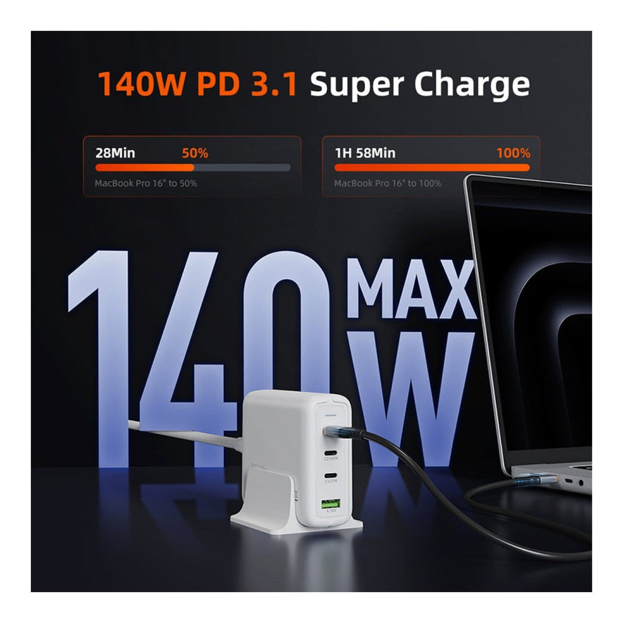 Cabletime 4-in-1 140W GaN USB-C Charging Station White CT-GAN140-PWE