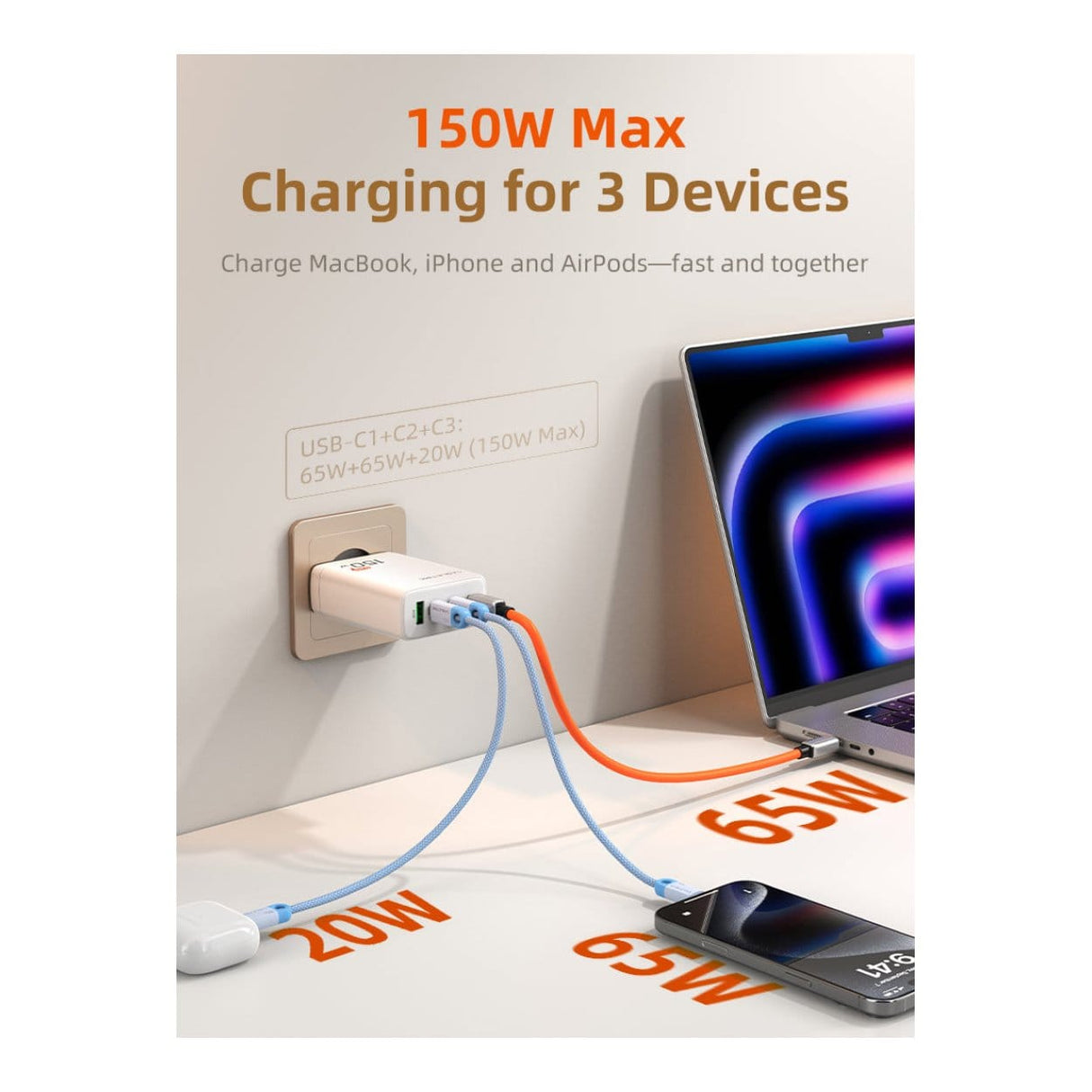 Cabletime 4-in-1 150W GaN USB-C Wall Charger White CT-GAN150-PW