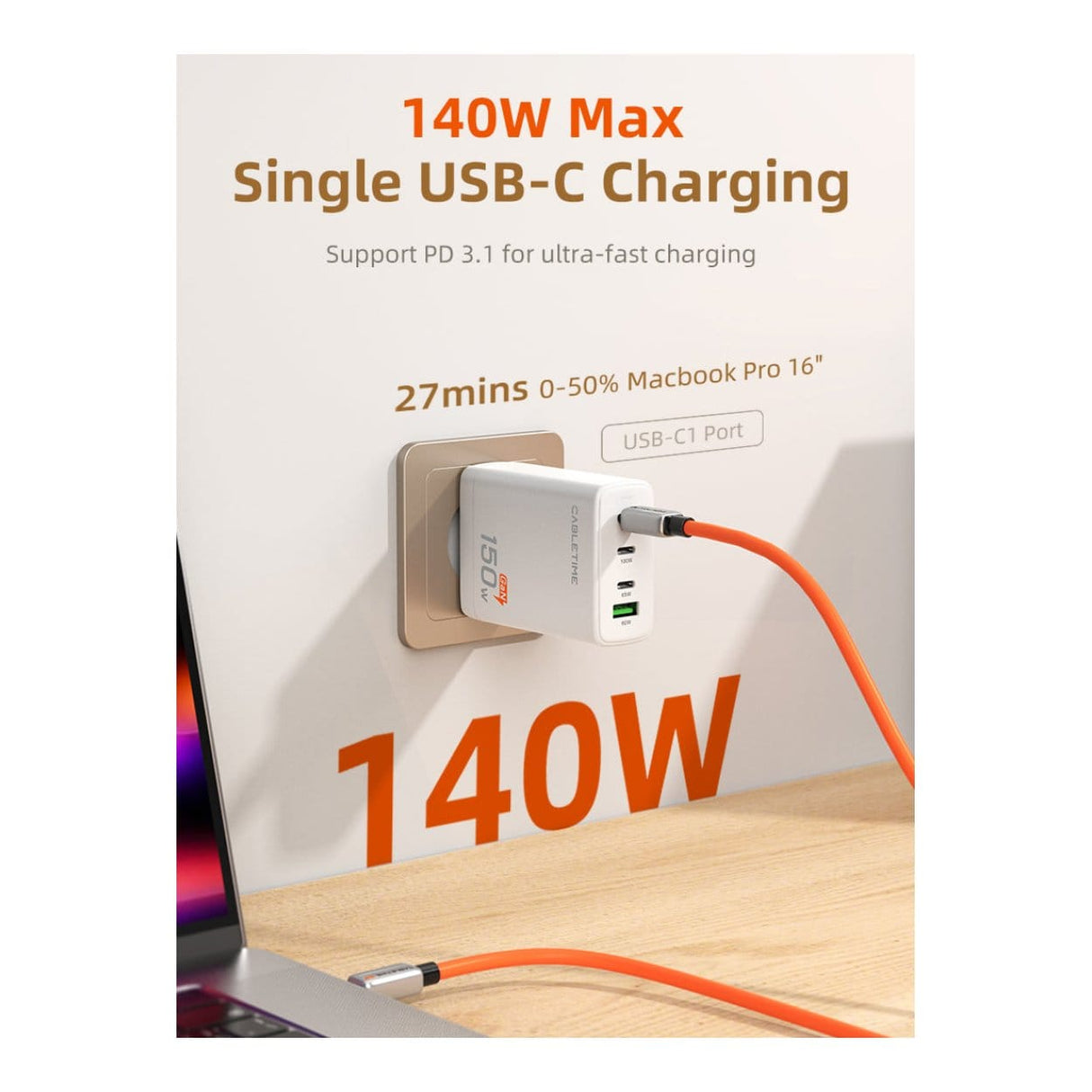 Cabletime 4-in-1 150W GaN USB-C Wall Charger White CT-GAN150-PW