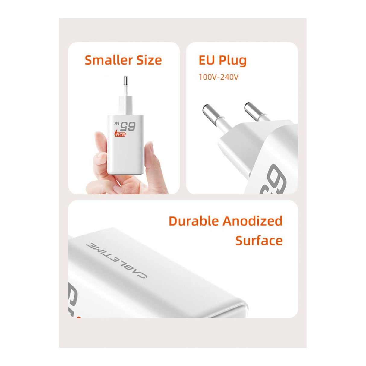 Cabletime GA65W 3-in-1 65W GaN USB-C Wall Charger White CT-GAN65-PW