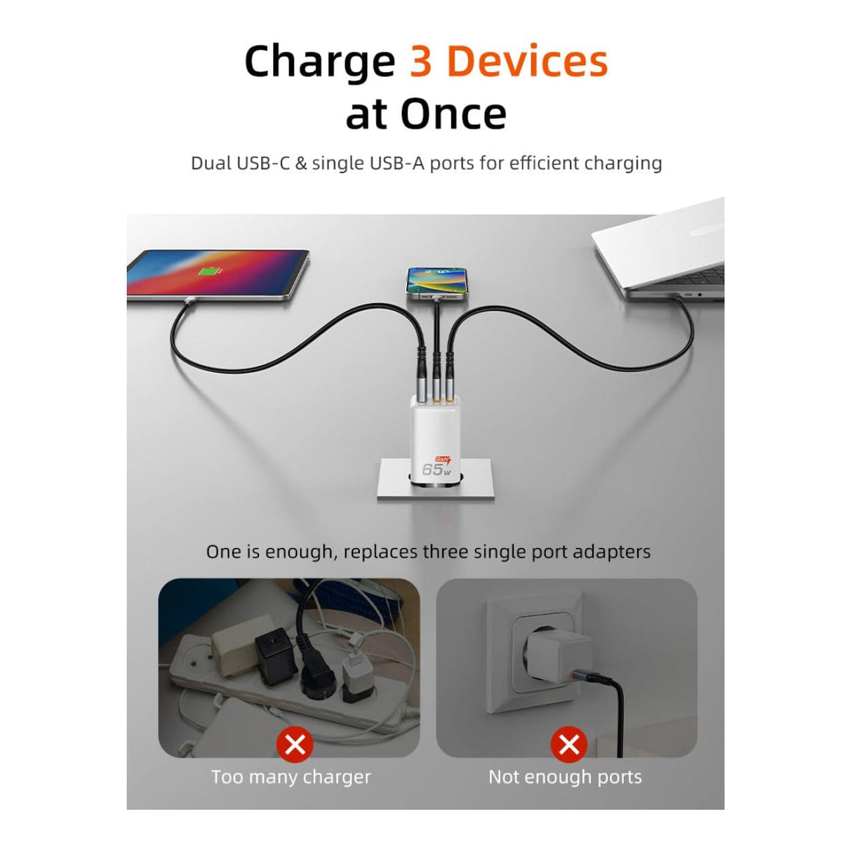 Cabletime GA65W 3-in-1 65W GaN USB-C Wall Charger White CT-GAN65-PW