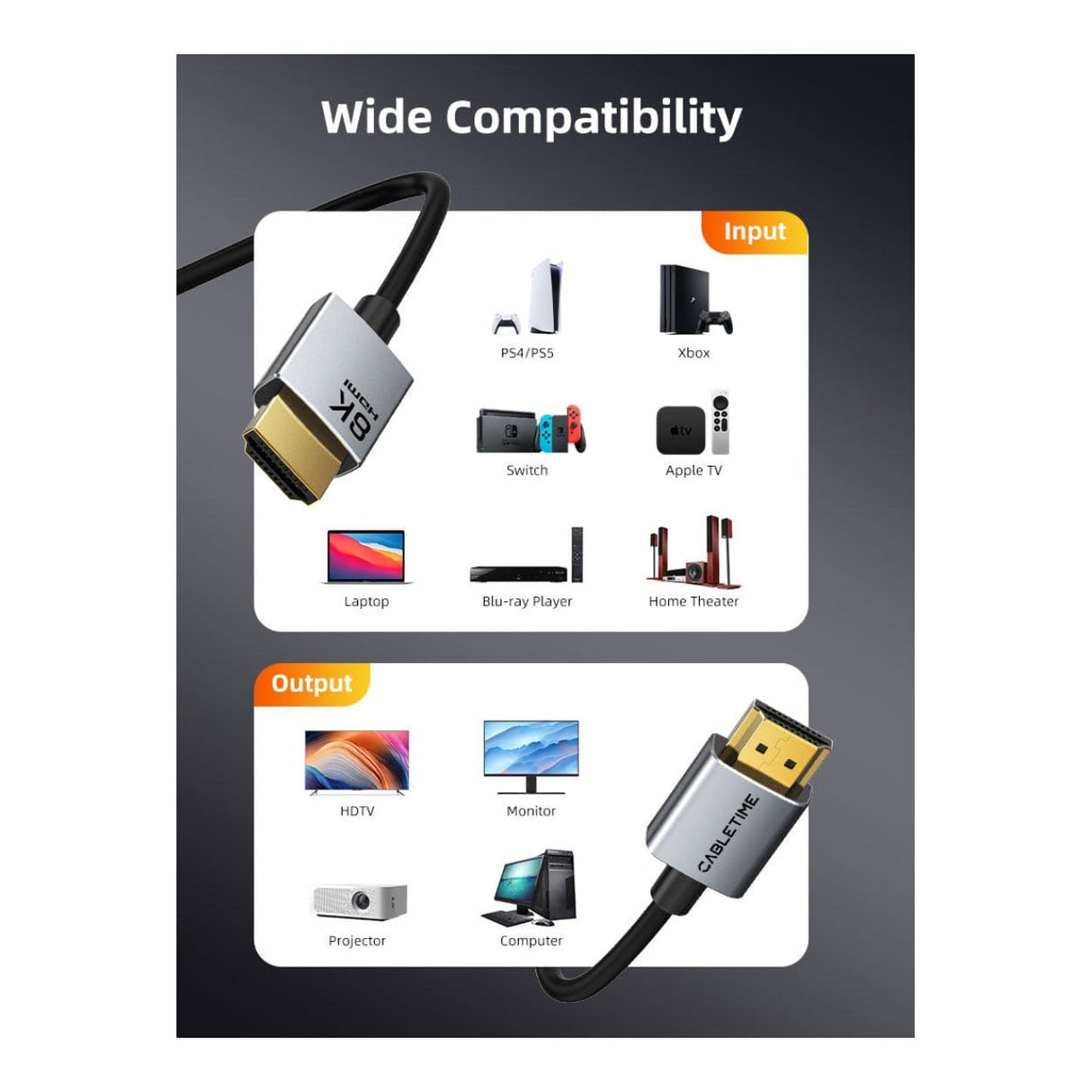 Cabletime 8K Ultra Slim Male to Male HDMI Cable 2m CT-SHD8K-AG2