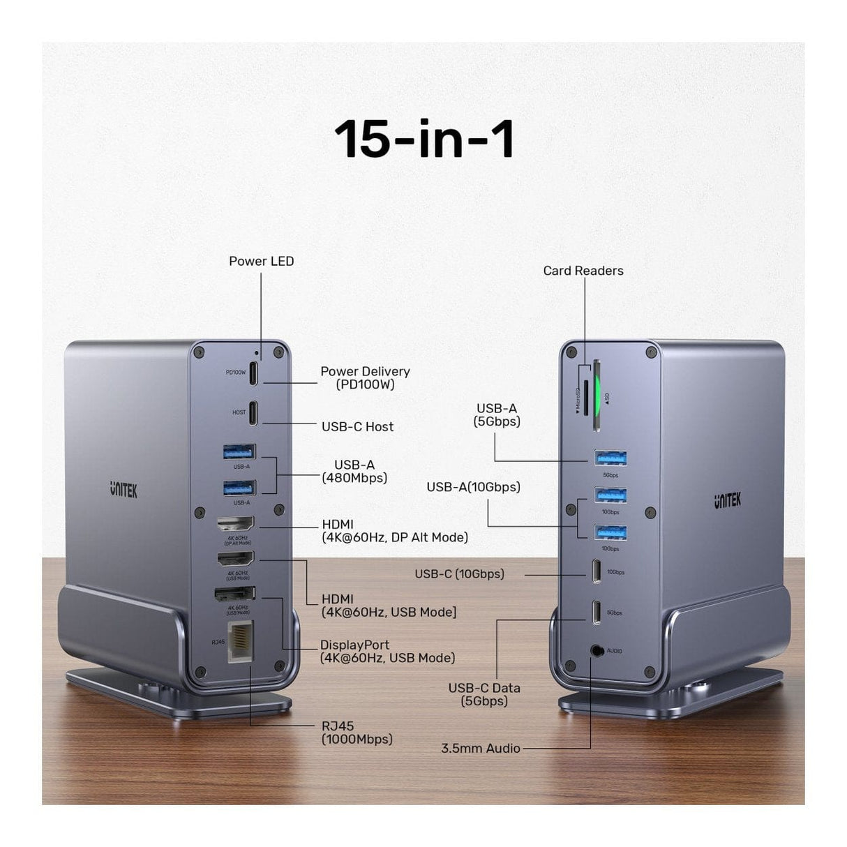Unitek 15-in-1 4K Universal DisplayLink Docking Station D1135AGY01