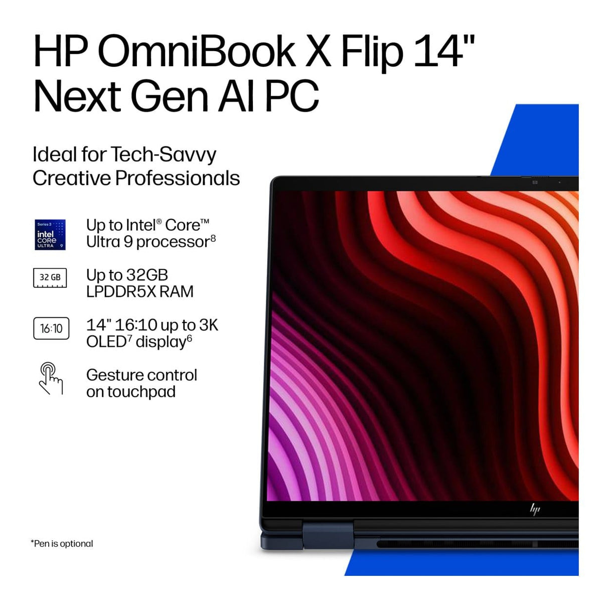 HP OmniBook X Flip 14-kb0010ni 14-inch 2K Next Gen AI 2-in-1 Laptop - Intel Core Ultra 9 386H 1TB SSD 32GB RAM Win 11 Home Atmospheric Blue
