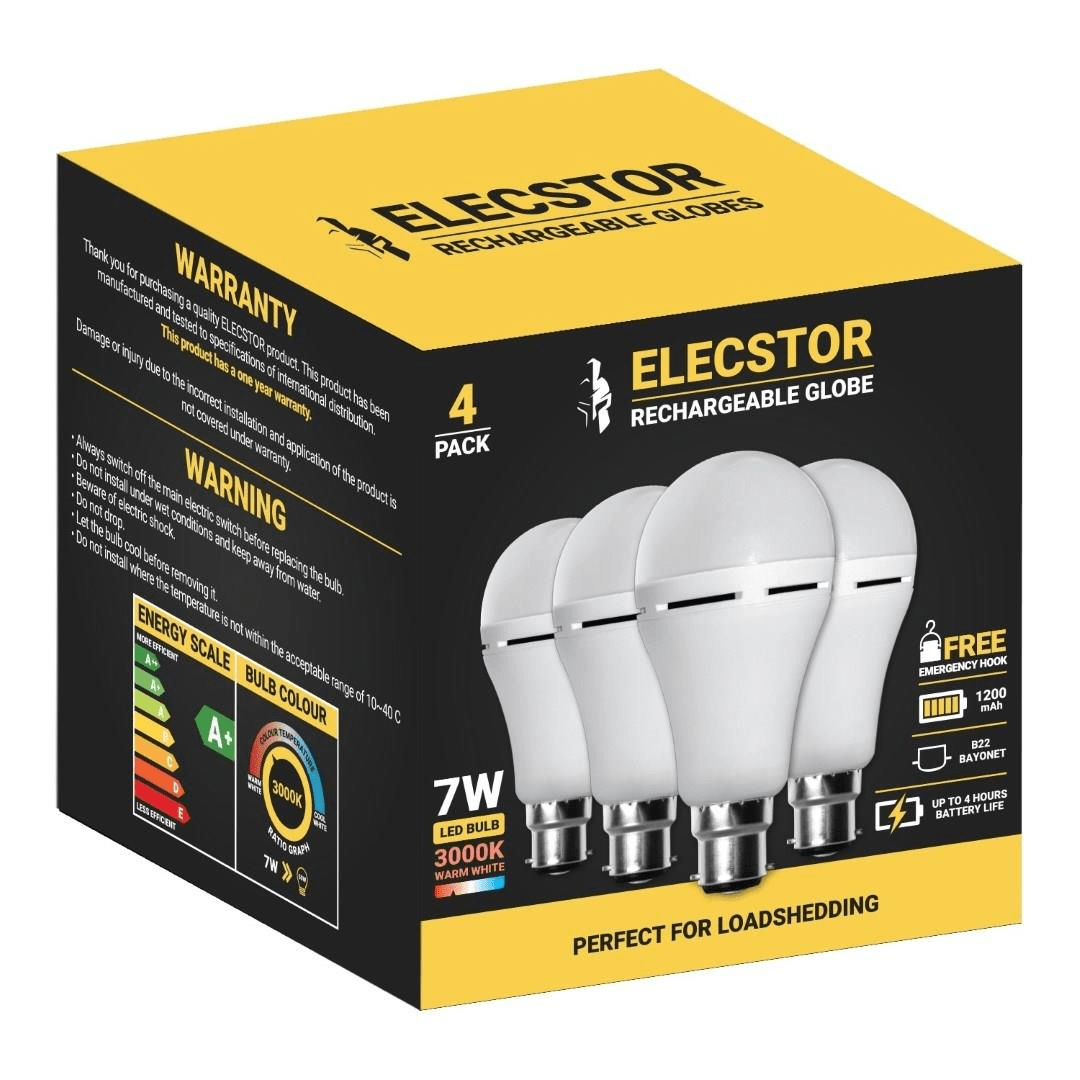 Elecstor B22 7W 1200mah Rechargeable LED Bulb 4-pack - Warm White ELE-A60-7W-B22WW4P