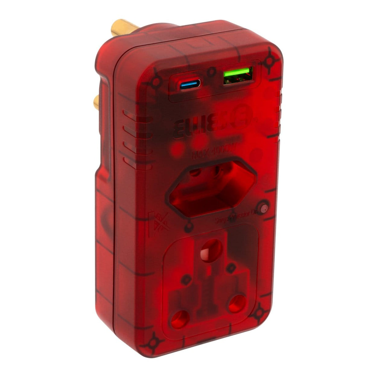 Ellies 2-Way High Surge Adaptor with PD20W USB-C and USB Slots Red ELL-8503-RD