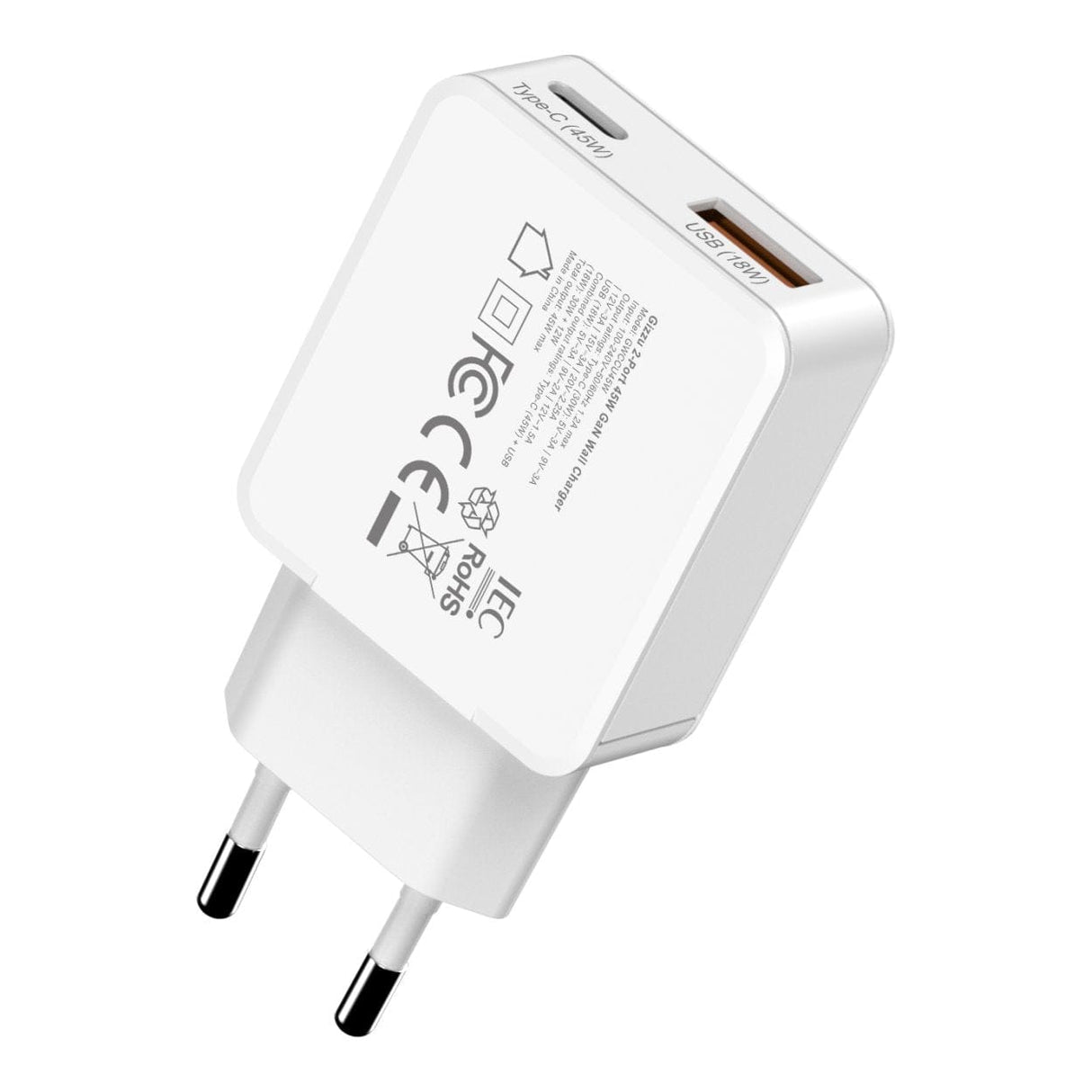Gizzu 45W 2-port GaN Wall Charger White GWCCU45W