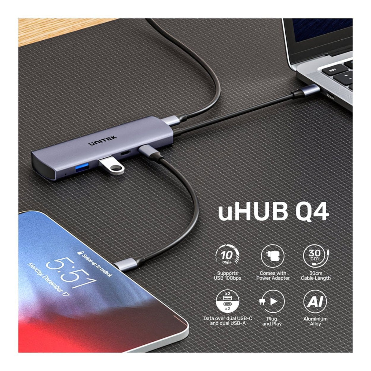 Unitek uHUB Q4 4-in-1 USB-C/A Hub H1112DGY01