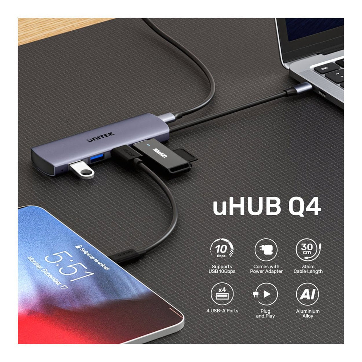 Unitek uHUB Q4 4-in-1 USB-C Hub with 4-port USB-A H1112EGY01