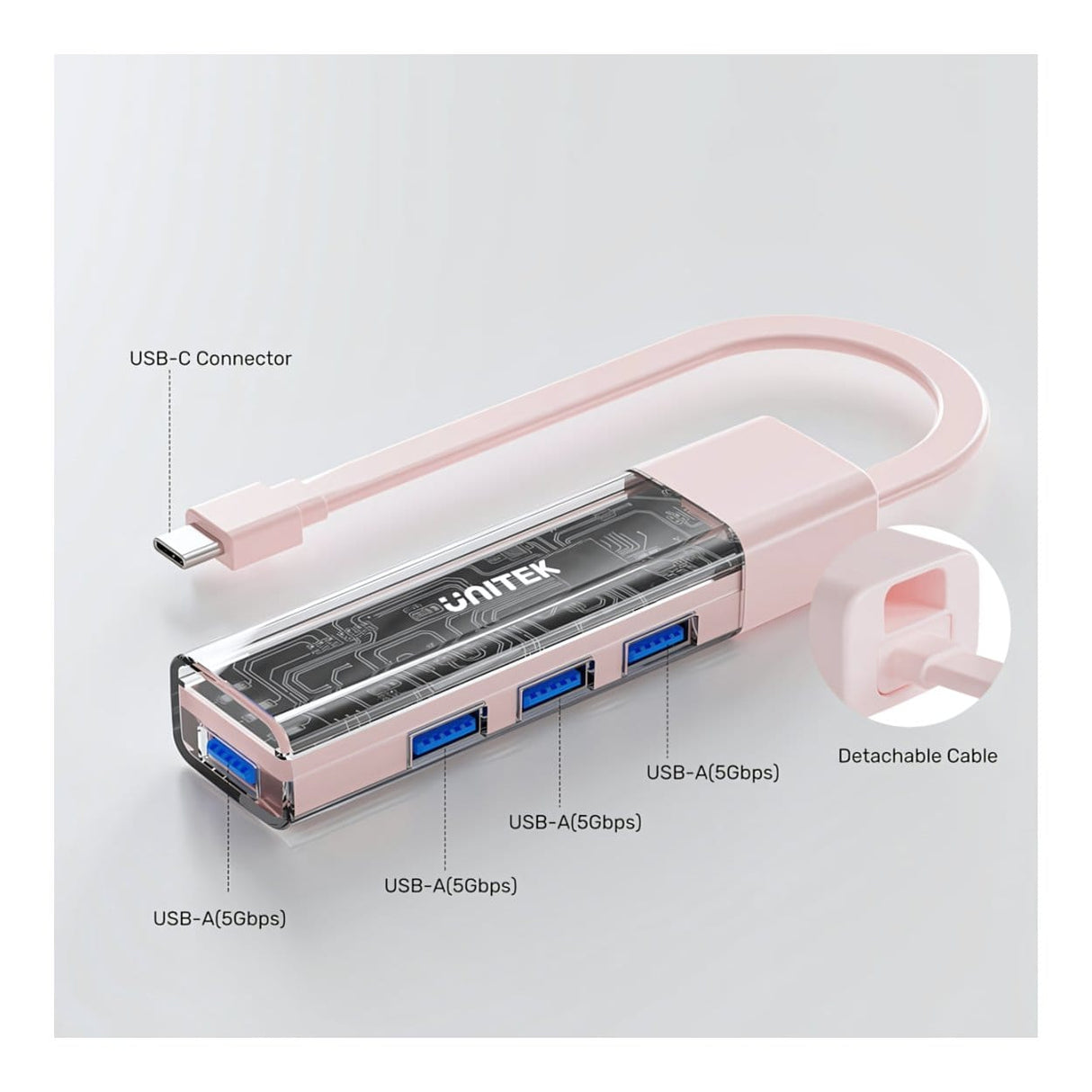 Unitek 4-in-1 USB-C Hub with 4-port USB-A Bi-Directional Hub with Detachable Cable Pink H1319APK01