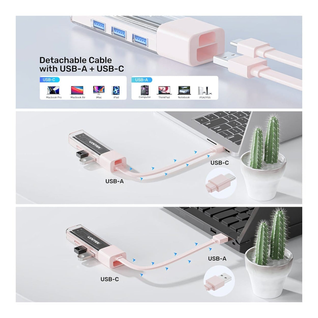 Unitek 4-in-1 USB-C Hub with 4-port USB-A Bi-Directional Hub with Detachable Cable Pink H1319APK01