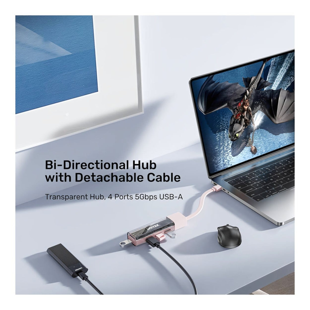 Unitek 4-in-1 USB-C Hub with 4-port USB-A Bi-Directional Hub with Detachable Cable Pink H1319APK01