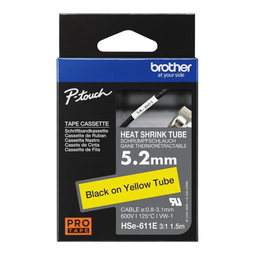 Brother HSE-611E 18mm Heat Shrink Tube Label - Black on Yellow