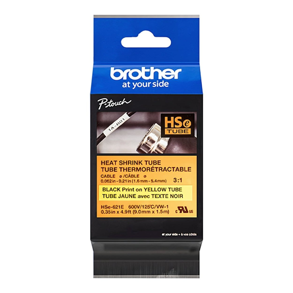 Brother HSE-621E 9mm Heat Shrink Tube Label - Black on Yellow