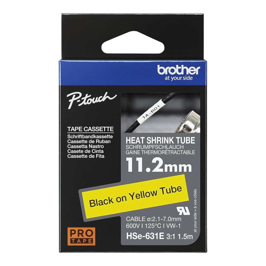 Brother HSE-631E 11.2mm Heat Shrink Tube Label - Black on Yellow