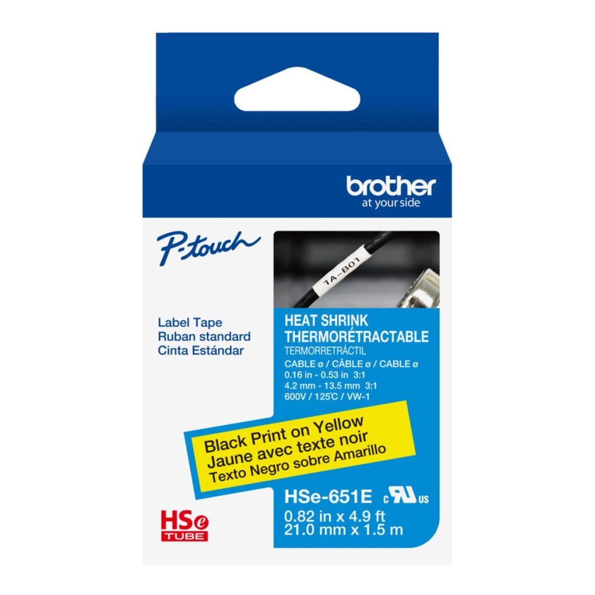 Brother HSE-651E 21mm Heat Shrink Tube Label - Black on Yellow