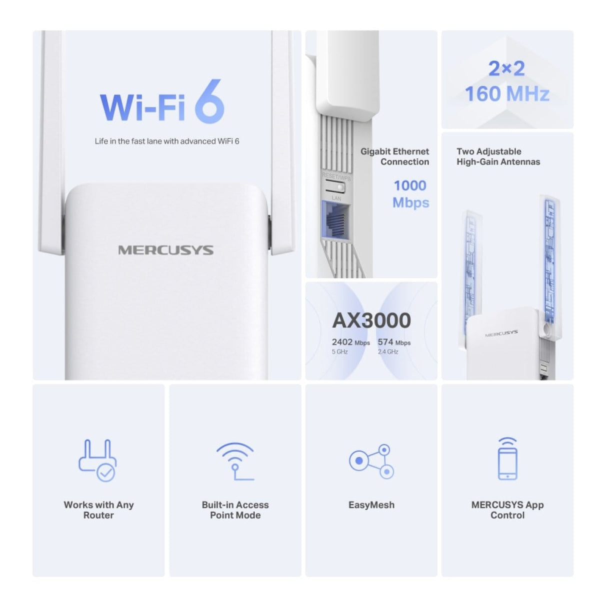 Mercusys AX3000 Wi-Fi 6 Range Extender White ME80X