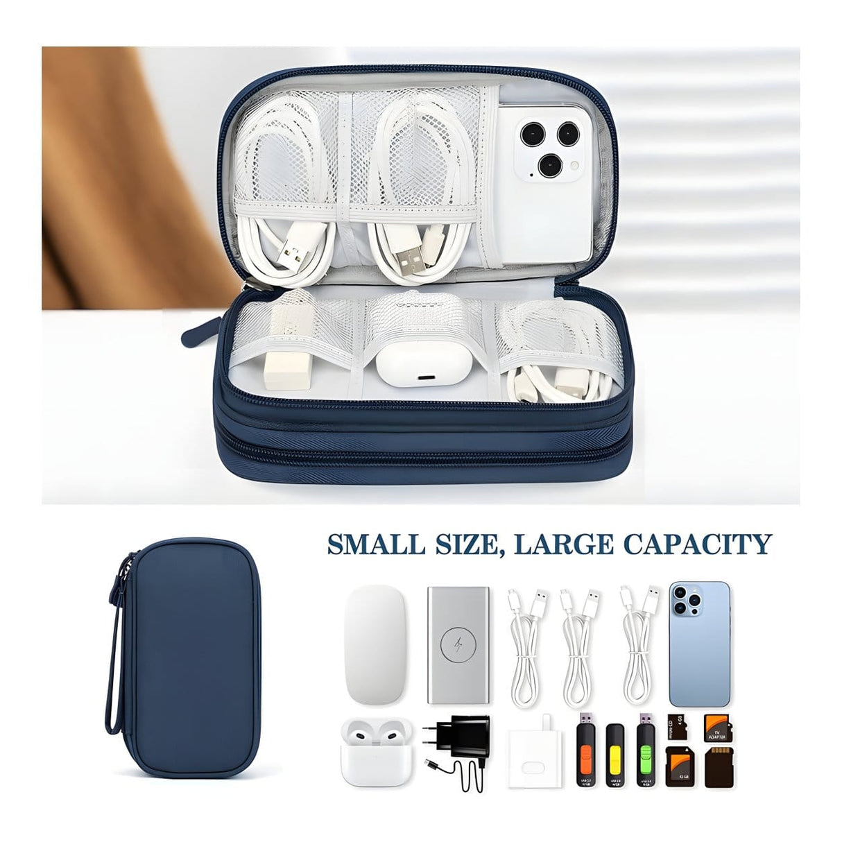 Tuff-Luv MF4306 Essential Waterproof Travel Charger and Cable Organizer Bag - Navy Blue