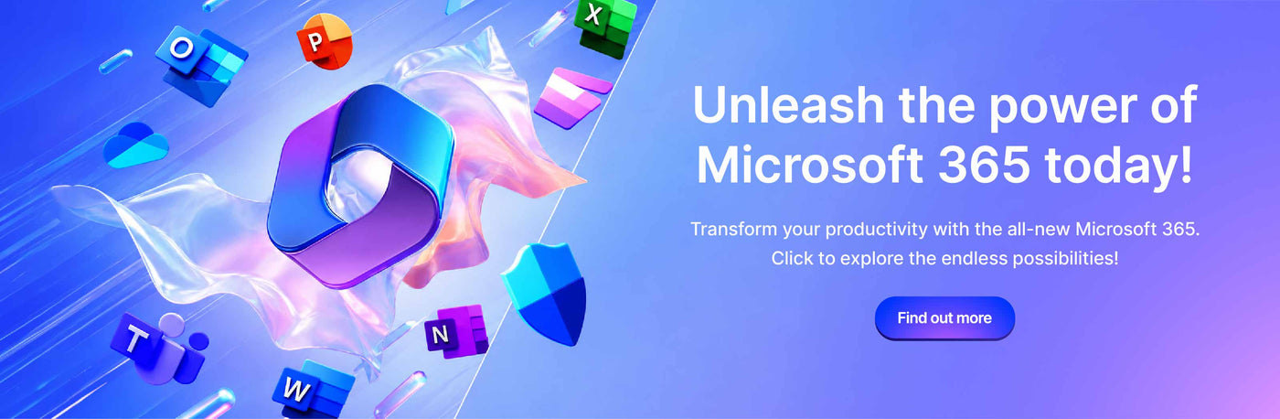 Promotional banner for Microsoft 365 with floating app icons, a large 3D software logo, and text reading 'Unleash the power of Microsoft 365 today!' on a blue-to-purple gradient background.