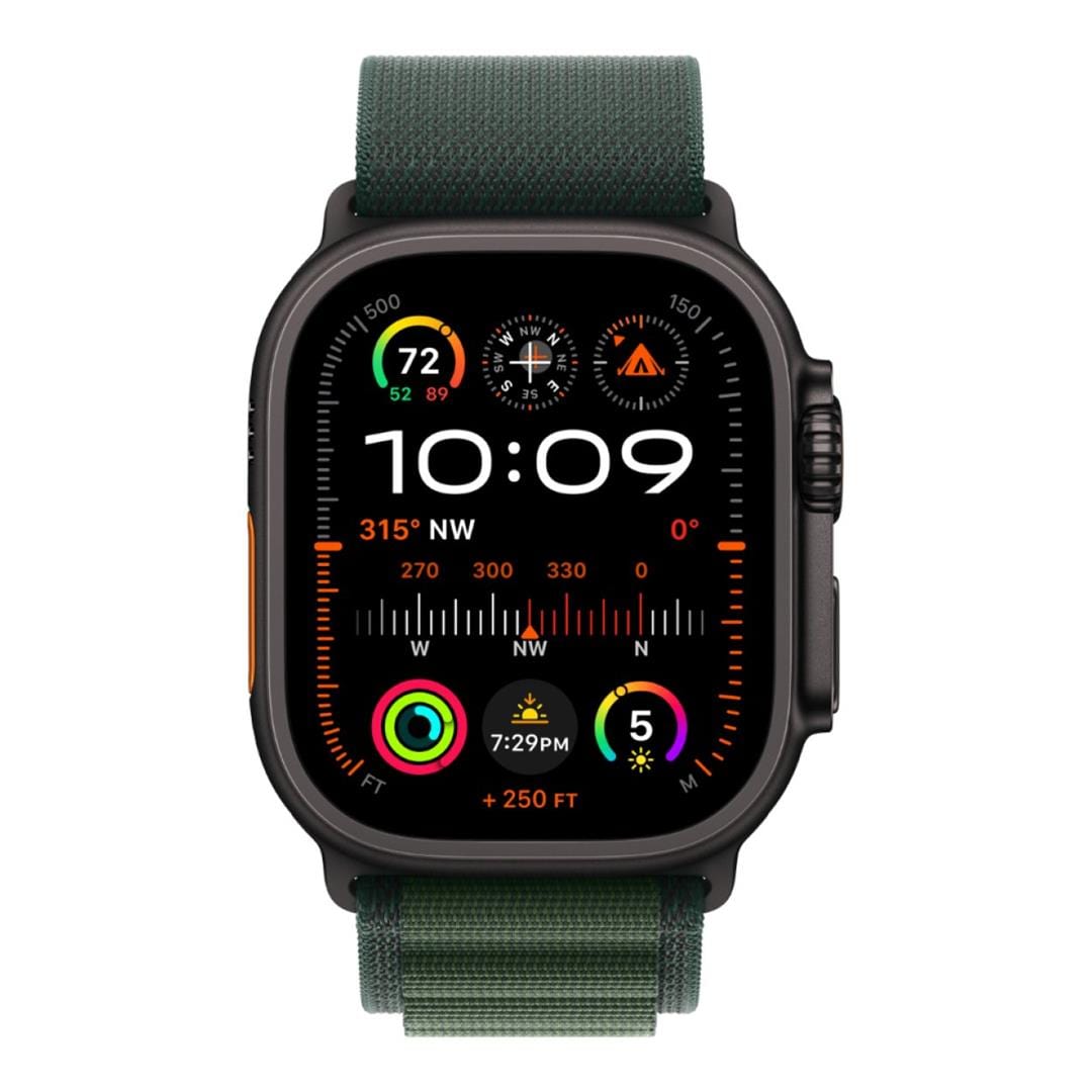 Apple Watch Ultra 2 GPS + Cellular 49mm Black Titanium Case with Dark Green Alpine Loop Small MX4Q3QA/A